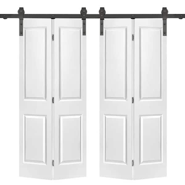 60 in. x 80 in. Hollow Core 2 Panel White Painted MDF Composite Double Bi-Fold Barn Door with Sliding Hardware Kit