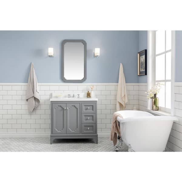 Water Creation Queen 36 in. Bath Vanity in Cashmere Grey with Quartz Carrara Vanity Top with Ceramics White Basins and Faucet