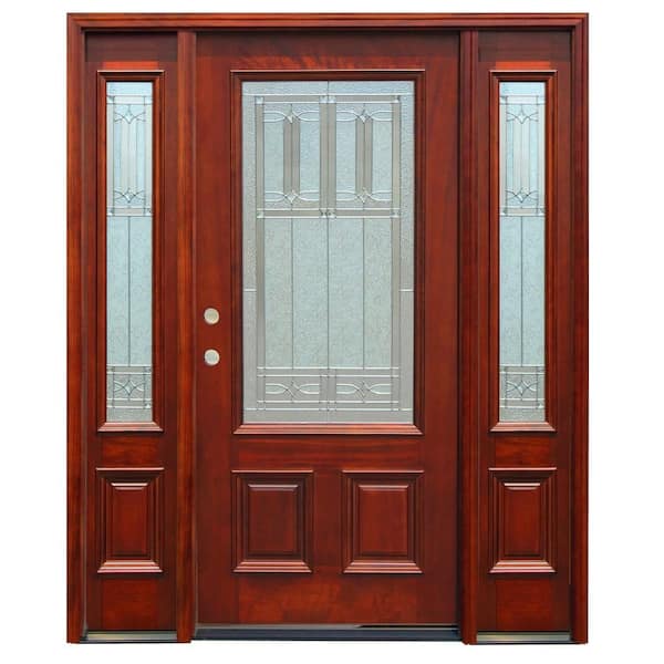Pacific Entries 70 in. x 80 in. Diablo Traditional 3/4 Lite Stained Mahogany Wood Prehung Front Door with 14 in. Sidelites