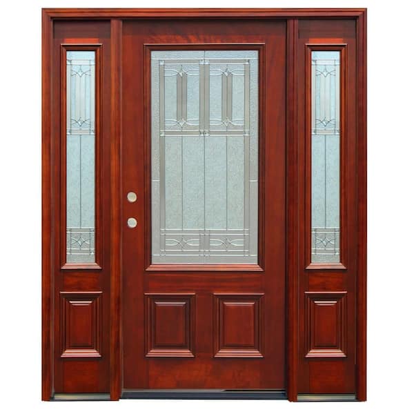 Pacific Entries 70in.x80in. Traditional 3/4 Lite Stained Mahogany Wood Prehung Front Door w/6in. Wall Series and 14in. Sidelites