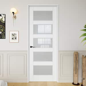 30 in. x 80 in. Right Handed 5 Lites Frosted Glass White Finished Solid Core MDF Single Prehung Interior door with Jamb