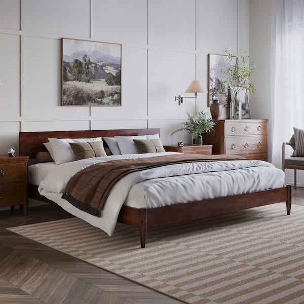 Aria Walnut Brown Solid Wood Frame King Modern Low Profile Platform Bed