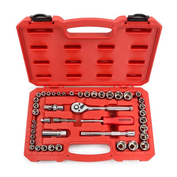 TEKTON 1/4 in. and 3/8 in. Drive 3/16-3/4 in. 5-19 mm 6-Point Shallow Socket Set (45-Piece)