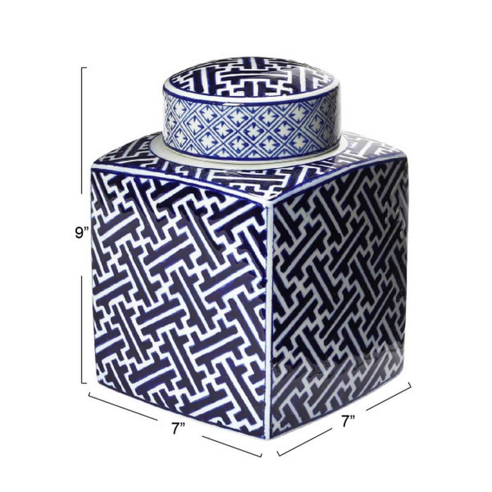 Blue and White Ceramic Ginger Jar with Lid