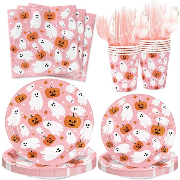 Pink Halloween Ghost Pumpkin Disposable Tableware Set with Paper Plates, Napkins Cups and Cutlery for 25 Guests