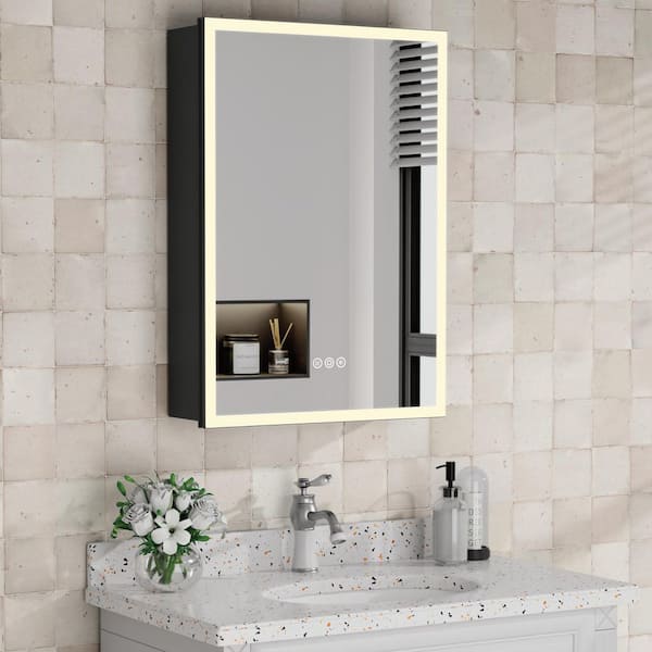 Flora 16 in. W x 24 in. H Rectangular Aluminum Recessed Medicine Cabinet with Mirror and Light, Dimmable, Left Hinge