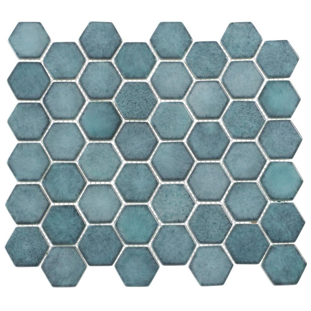 Honoro Hexite Teal Dark Green Glossy 4.5 in. x 8.25 in. Hexagon Smooth Glas