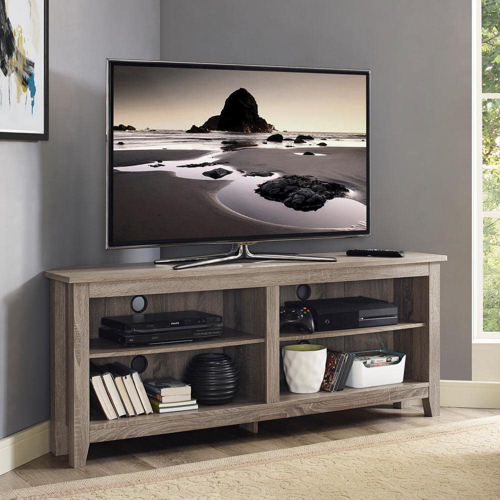 Rustic Corner Media Stand for 65" TVs in Driftwood Finish