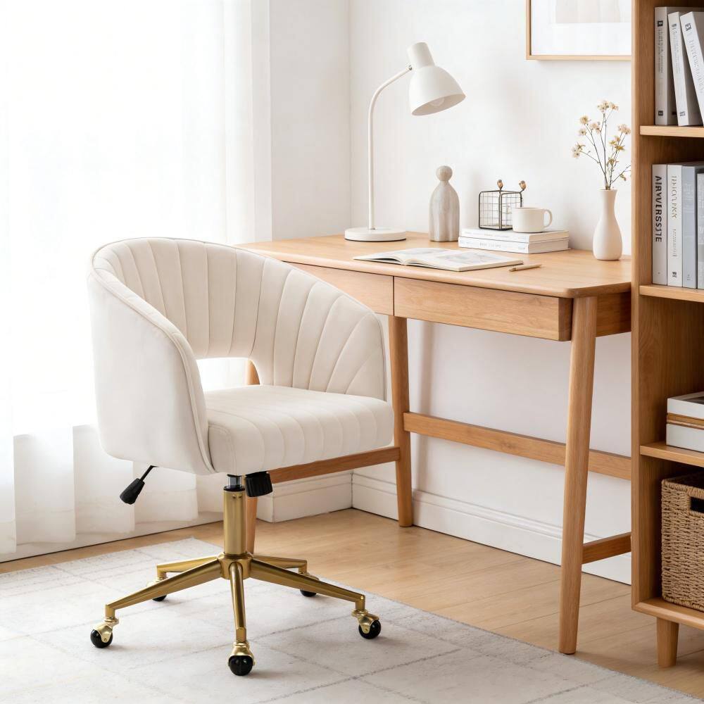 Modern Beige Velvet Sponge Metal 33.27 in. Tall Makeup Vanity Stool with Pneumatic Height Adjustment Gold Base