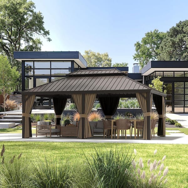 14 ft. x 20 ft. Aluminum Hardtop Outdoor Gazebo with Double Galvanized Steel Roof,Included Mosquito Netting and Curtains