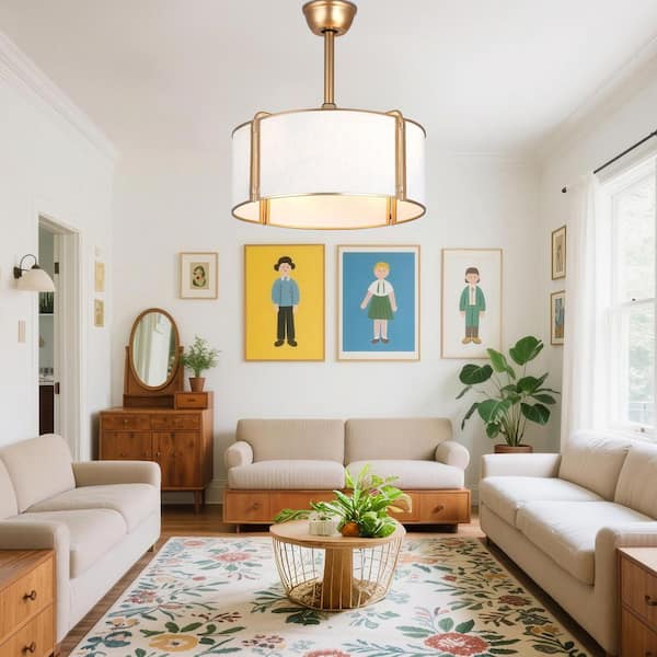 19 in. Indoor Gold Caged Ceiling Fan with Light and Remote, White Fabric Reversible Fandelier with 6 Speeds