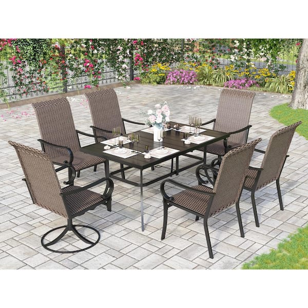 PHI VILLA Black 7-Piece Patio Outdoor Dining Set with Rectangle Slat Table and Rattan Swivel Chair