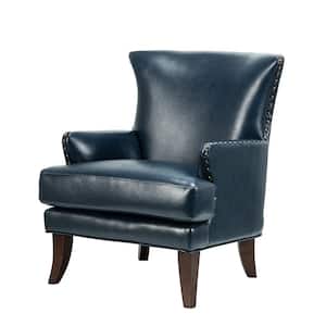 Bonnot Transitional Navy Faux Leather Wingback Armchair with Nailhead Trim and T-Cushion