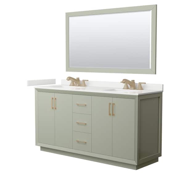 Wyndham Collection Strada 66 in. W x 22 in. D x 35 in. H Double Bath Vanity in Light Green with White Quartz Top and 58 in. Mirror