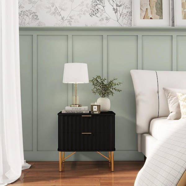 Modern Black 2-Drawer Nightstand with Arched Grooved Panels and Crossbar Metal Legs for Bedroom or Living Room