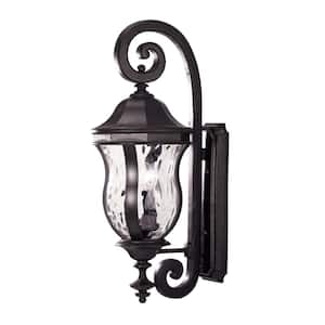 Monticello 10.13 in. W x 28 in. H 3-Light Black Outdoor Wall Sconce with Clear Watered Glass Shade
