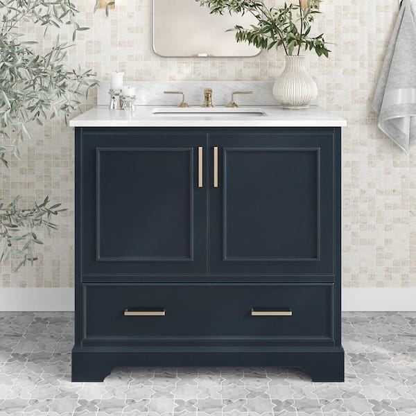 ARIEL Stafford 37 in. W x 22 in. D x 35.25 in. H Single Sink Bath Vanity in Midnight Blue with Carrara White Marble Top