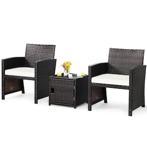 3-Piece Patio Wicker Furniture Set Storage Table with Protect Cover Cushioned in Off White
