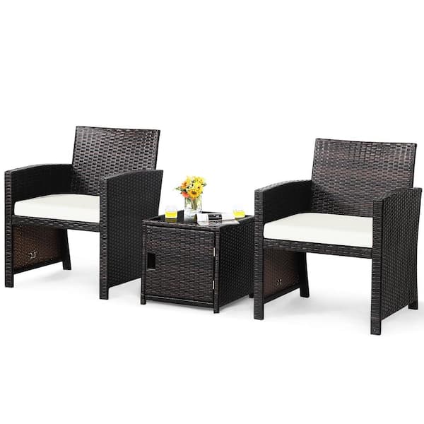 Costway 3-Piece Patio Wicker Furniture Set Storage Table with Protect Cover Cushioned in Off White