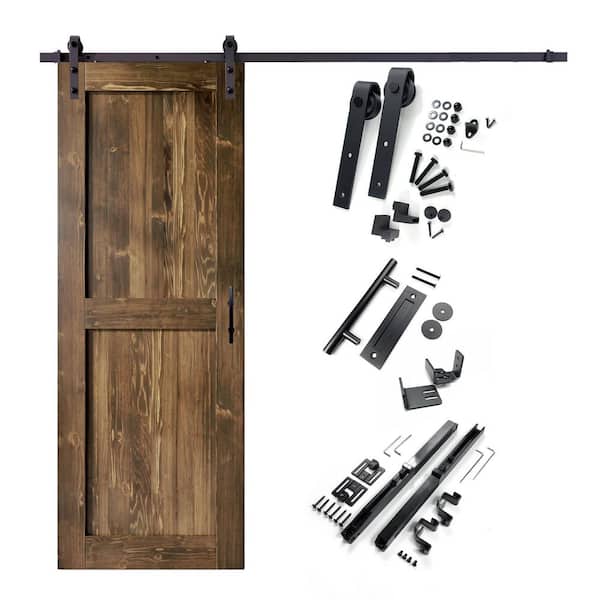 HOMACER 24 in. x 96 in. H-Frame Walnut Solid Pine Wood Interior Sliding Barn Door with Hardware Kit, Non-Bypass