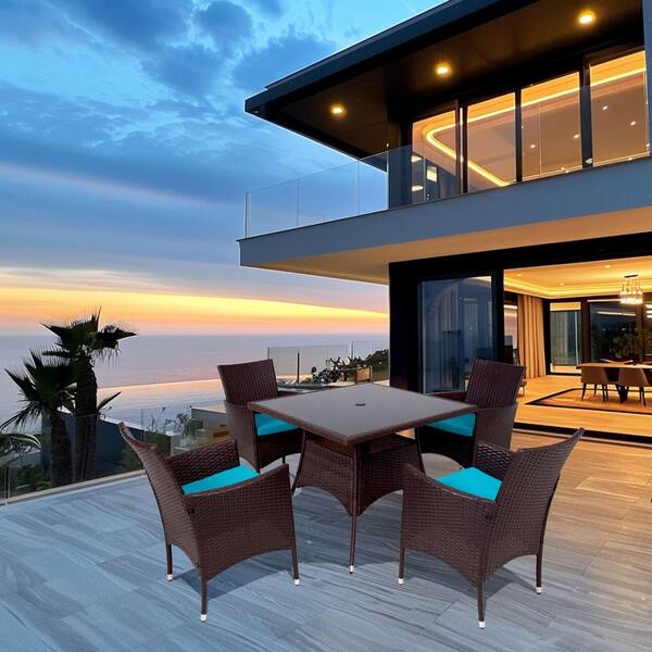 Unbranded Modern Sofa Patio Conversation 5-Piece Brown Wicker Outdoor Dining Set with LakeBlue Cushions