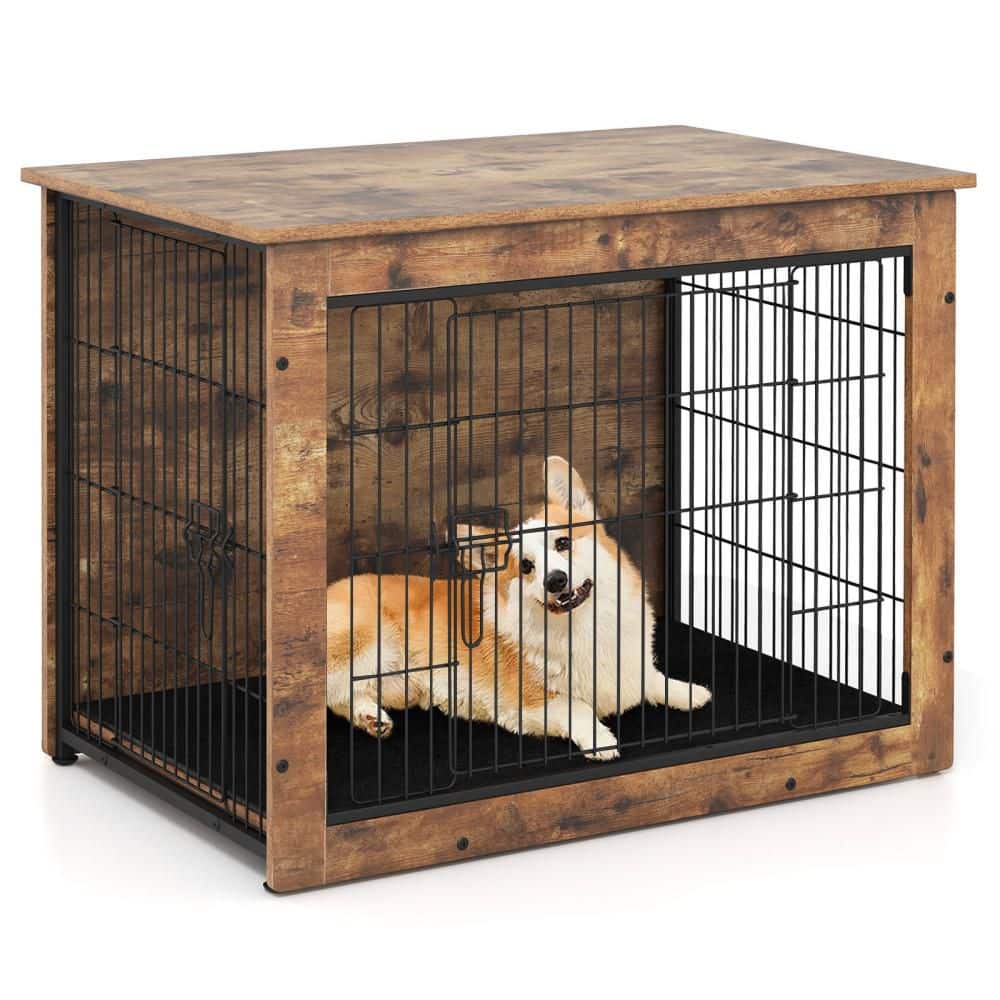 Gymax Brown Wood Dog Crate Furniture for Small/Medium Dogs 33 in
