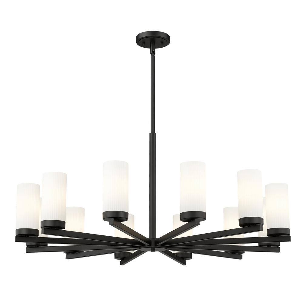 Matte Black 12-Light Modern Chandelier with White Glass Shades