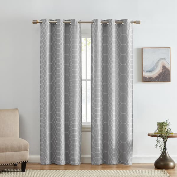 Elrene Kendal Gray Polyester Embroidered Geometric Print 37 in. W x 63 in. L Grommet Top Indoor Blackout Curtains (Set of 2)