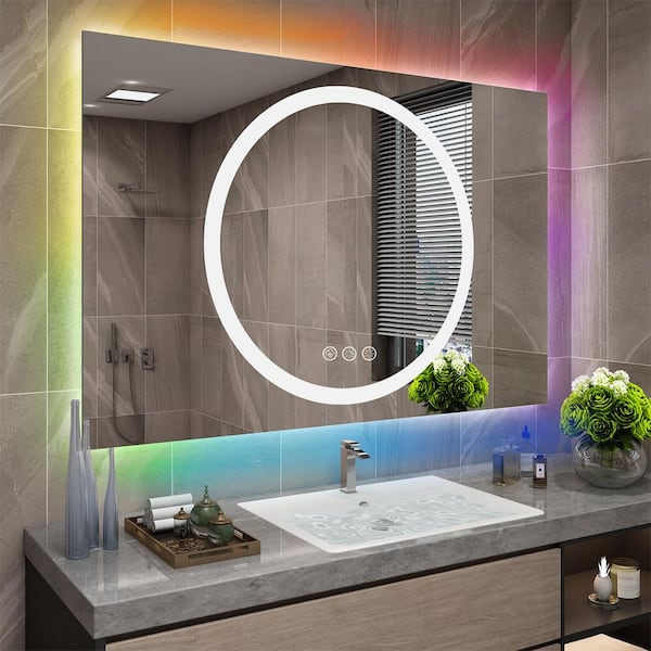 Apmir 48 in. W x 32 in. H Rectangular Frameless RGB Backlit, LED Frontlit Anti-Fog Tempered Glass Wall Bathroom Vanity Mirror
