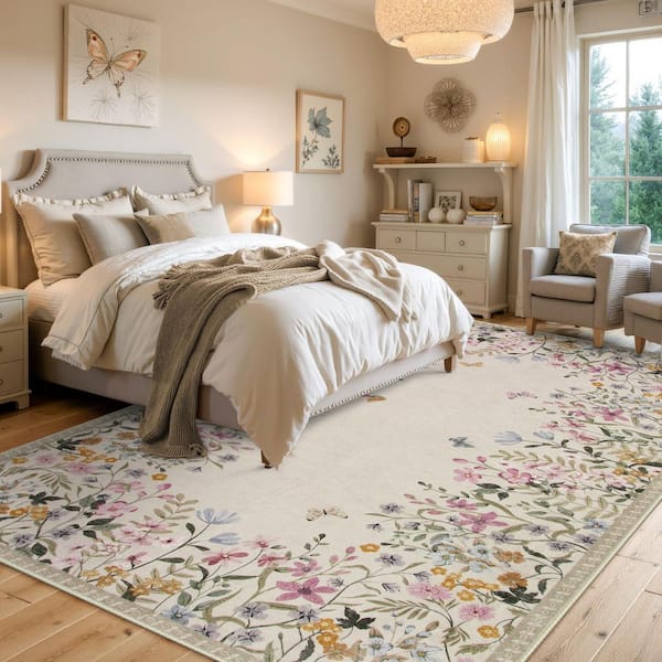 5 X 7 Machine Washable Beige Spiral Design Vintage Floral Low Pile Non Slip Soft Indoor Area Rug