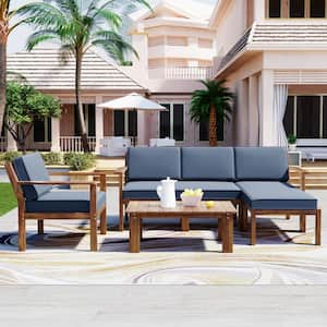 4-Piece Acacia Wood Patio Conversation Set with Gray Cushions and a Small Table