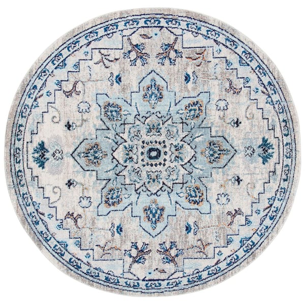 SAFAVIEH Madison Ivory/Light Blue 7 ft. x 7 ft. Border Geometric Floral Medallion Round Area Rug