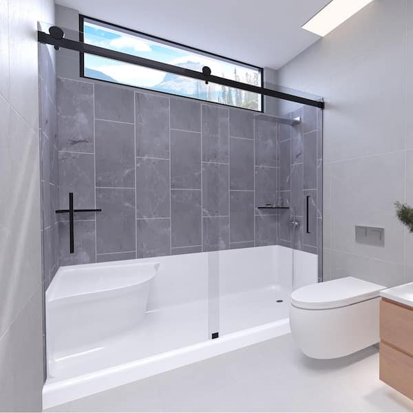 NuVo Platinum Grey-Tetherow 60 in.L x 32 in.W x 83 in. H Base/Wall/Door Seated Base Alcove Shower Stall/Kit Matte Black Right