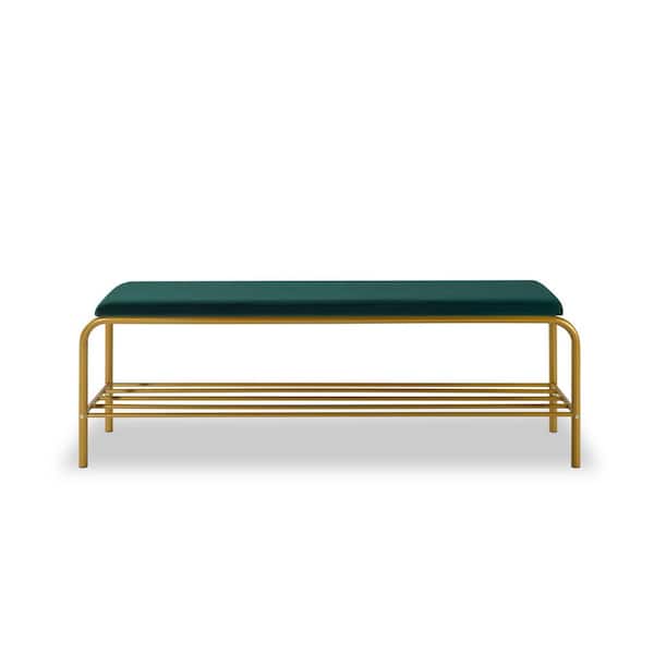 Kahomvis 18.5 in. H x 55 in. W Dark Green Velvet Shoe Storage Bench with Shelf and Metal Frame