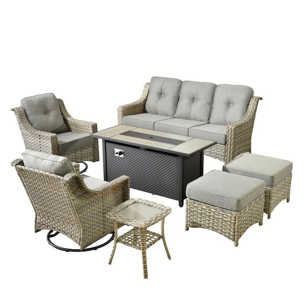 Cherry 7-Piece Wicker Outdoor Furniture Patio Fire Pit Conversation Sofa Set with Swivel Chairs and Dark Grey Cushions