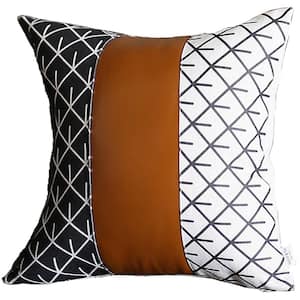 Brown Boho Handcrafted Vegan Faux Leather Square Abstract Geometric 22 in. x 22 in. Throw Pillow Cover