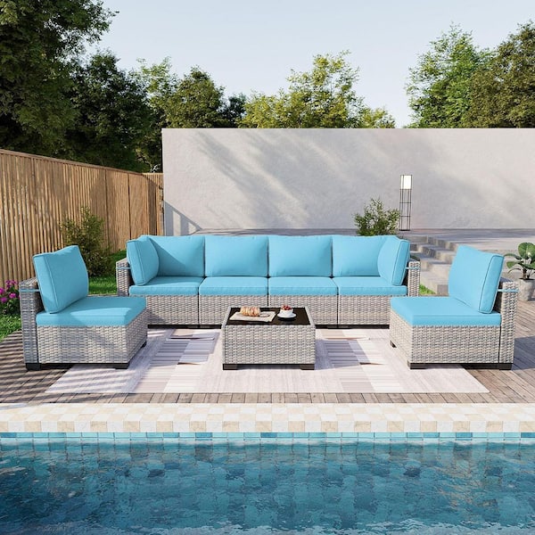 muphyers 7-Piece Wicker Outdoor Sectional Set Sofa Couch with Turquoise Cushions