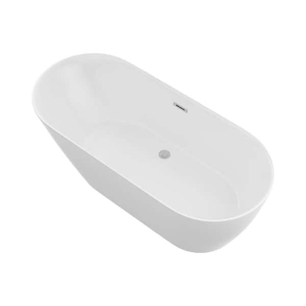 67 in. x 29 in. Acrylic Flatbottom Freestanding Oval Soaking Bathtub in White with Overflow and Pop-Up Drain