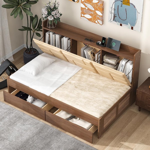 Harper & Bright Designs Wood (Brown) Twin Size Wooden Daybed with 2 Drawers, 2 USB Ports and Upholstered Storage Backrest
