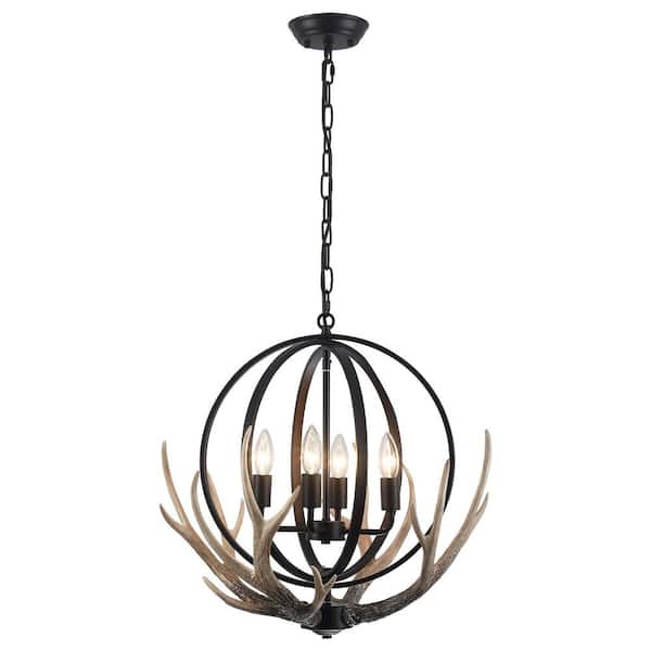20.47 in. 4-Light Matte Black Pendant Antler Design Chandelier with Resin Shade and No Bulbs Included For Living Room