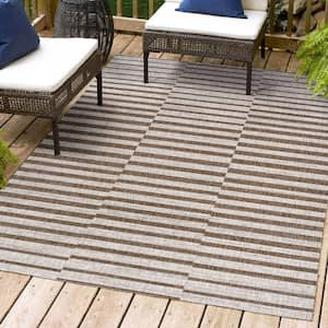 Sukie Modern Offset Stripe Beige/Brown 5 ft. x 8 ft. Indoor/Outdoor Area Rug