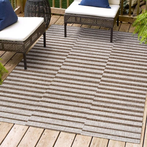 JONATHAN Y Sukie Modern Offset Stripe Beige/Brown 5 ft. x 8 ft. Indoor/Outdoor Area Rug