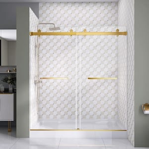 60 in. W x 76 in. H Frameless Glass Shower Door Alcove Double Sliding Shower Doors in Brushed Gold 5/16 in Clear Glass