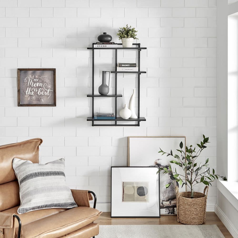 Rhodes Black Iron and Wood 4-Tier Floating Wall Shelf Unit
