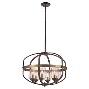 6-Light Oil Rubbed Bronze and Antique Gold Pendant Light Fixture with Metal and Clear Glass Shades