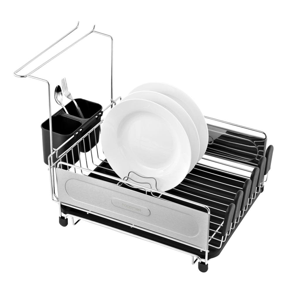 Compact Stainless Steel Dish Rack with Utensil Cup and Wine Glass Holder