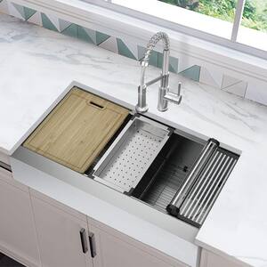 Zero Radius Farmhouse/Apron-Front 16G Stainless Steel 36 in. Single Bowl Workstation Kitchen Sink with Accessories