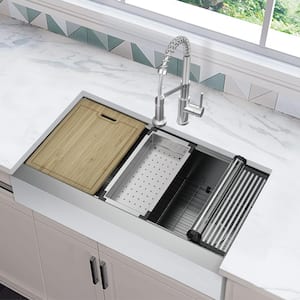 Professional Zero Radius 36 in. Apron-Front Single Bowl 16 G Stainless Steel Workstation Kitchen Sink with Accessories