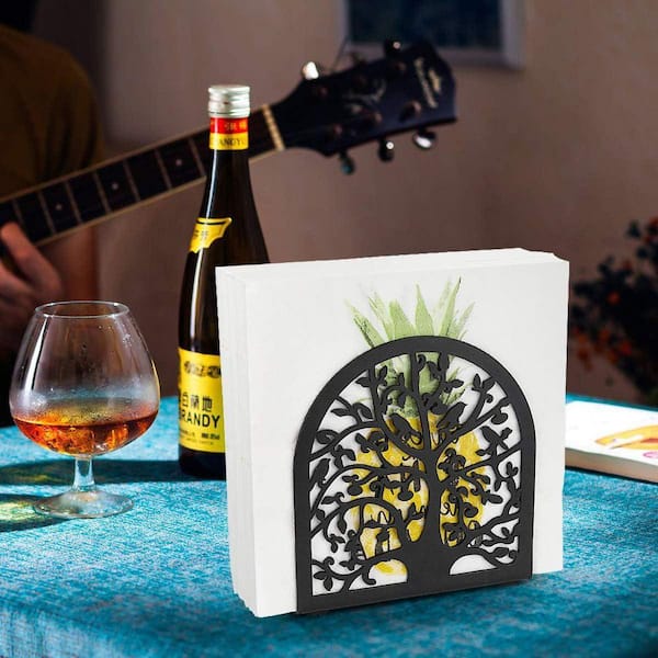 Tree and Bird Design Metal Napkin Holder for Kitchen and Table, Freestanding Modern in Black