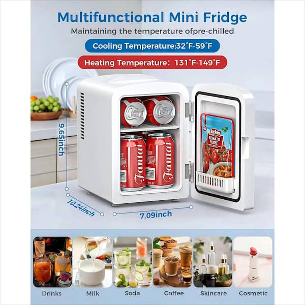 7.09 in. 0.15 cu. ft. Mini Refrigerator, 6 Can Electric Plug in Cooler & Warmer suit for Dinks & Makeup in White